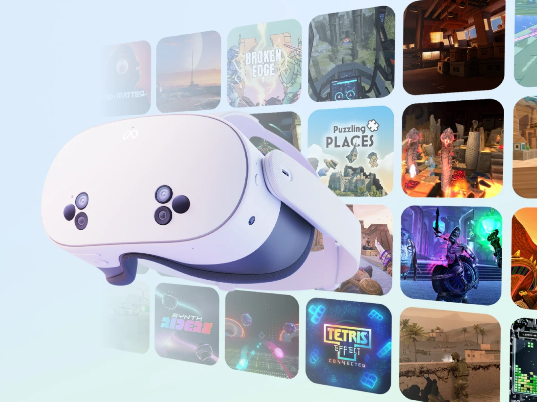 Meta Quest headset with a grid of shared VR apps and games.